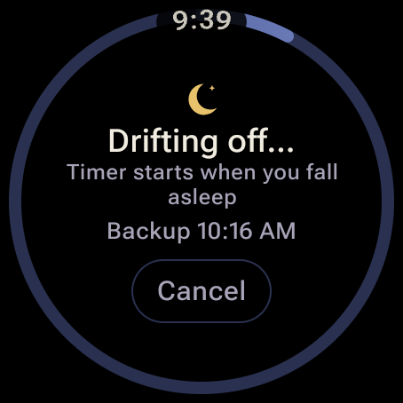 Drifting off screen: “Timer starts when you fall asleep” with the backup alarm time