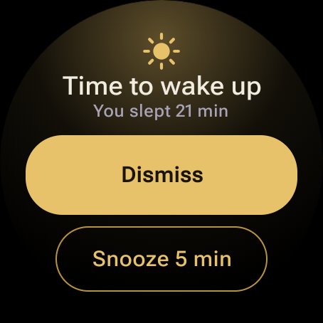Alarm screen with a sunrise glow, “Time to wake up”, a gold Dismiss button and Snooze 5 min